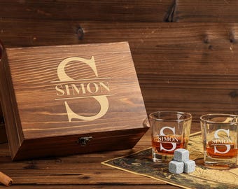 Personalized Whiskey Glass Set Wooden Box Groomsmen Best Man Boyfriend Gift