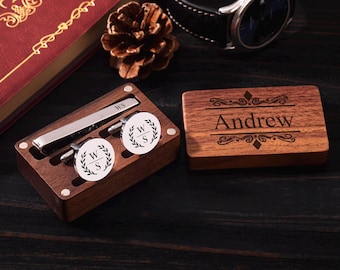 Engraved Cufflinks & Tie Clip Set: Personalized Groomsmen Gift with Wooden Box
