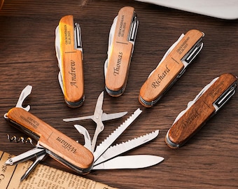 Custom Engraved Wood Multi Tool Knife, Groomsmen Gift