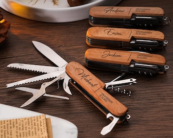 Personalized Groomsmen Multi-Tool Knife, Engraved Wood Handle