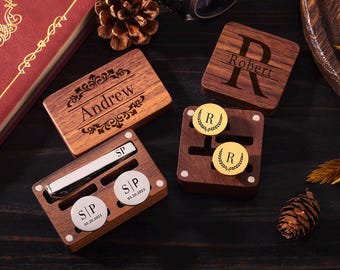 Personalized Cufflinks Set – Engraved Stainless Steel, Wooden Box