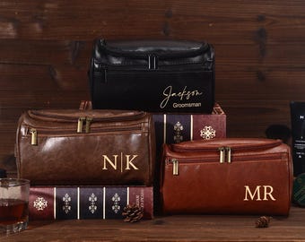 Personalized Leather Toiletry Bag for Men: Engraved Travel Dopp Kit