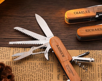 Custom Engraved Wooden Pocket Knife, Stainless Steel Multi Tool