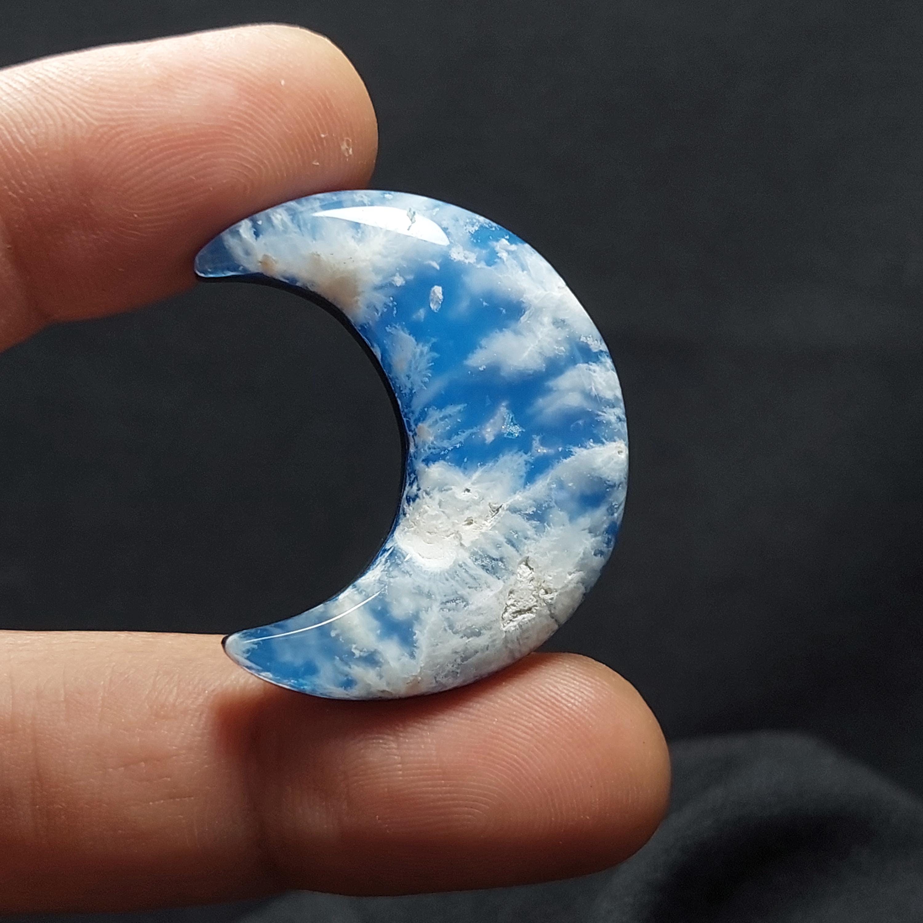 OOAK 三日月プルームアゲートカボション：スカイブルークラウド