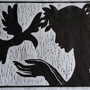 Originele handgemaakte linosnede print - &quot;Silhouet / Meisje met een duif&quot;