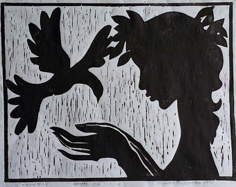 Original handmade linocut print - "Silhouette/ Girl with a dove"