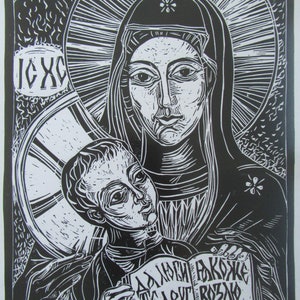 Handgemachter Original-Linoldruck mit Passepartout und Rahmen - Heilige Mutter mit Jesus