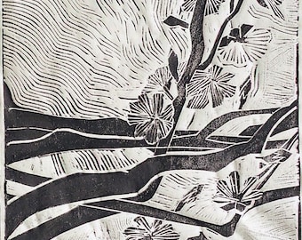 Impression linogravure originale faite main - « Branches d'arbres en fleurs »