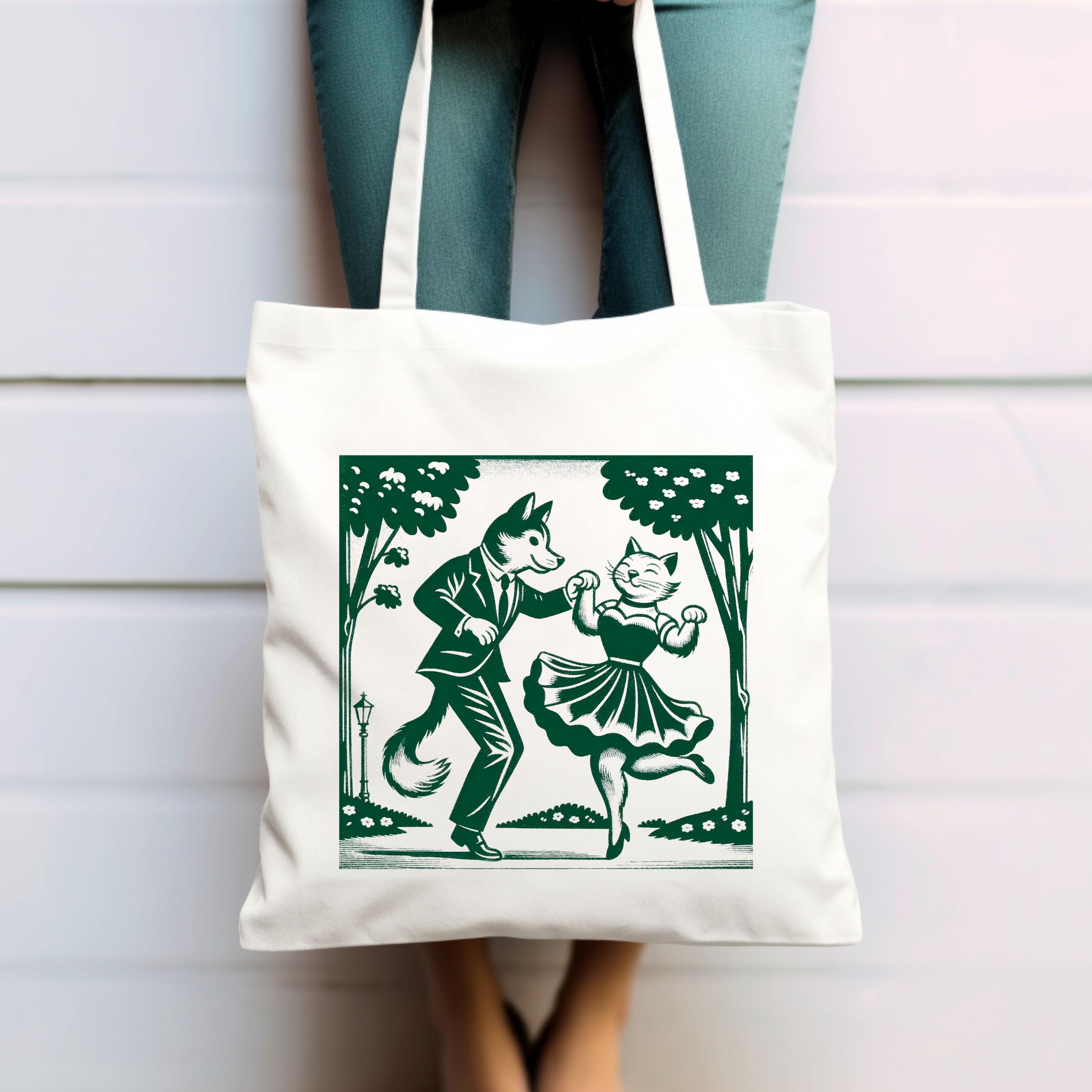 Retro Dancing Cat and Dog Tote Bag, Whimsical Animal Art Canvas Bag, Vintage Style Illustrated Tote, Artistic Gift for Animal Lovers