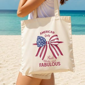 American Girly Tote Bag, Red White and Fabulous 4th of July Bag, Patriotic Bow Canvas Tote, Independence Day Gift for Her, USA Flag Tote