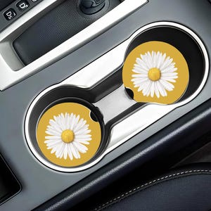 Yellow And White Daisy Flower Car Coaster, Cute Aesthetic Set of 2 Floral Car Coaster, New Car Gift, Car Accessories Gift for Her Girlfriend