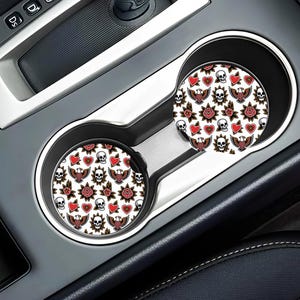 Tattoo Style Car Coasters: Skull, Heart, Rose - Edgy Car Decor