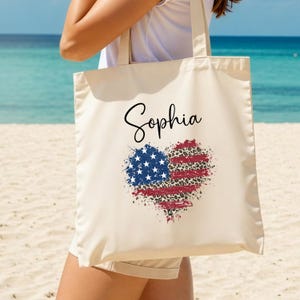 Custom USA Flag Heart Tote Bag, 4th of July Tote Bag, America Flag Tote, Patriotic American Gift Bag, America Tote Bag,Independence Day Gift
