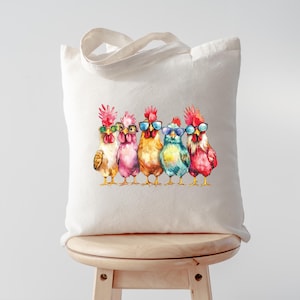 Funny Farm Roosters in Sunglasses Tote Bag, Whimsical Country Chicken Tote, Cool Colorful Chicks in Sunglasses Bag, Gift for Chicken Lover