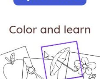 May include: Black and white line art images of an apple, a key, an umbrella, and a flower. The images are on separate white squares. The word "Color and learn" is written in black above the images.