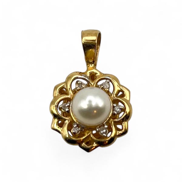 Signed 10K Gold 5.5mm Cultured Pearl Natural Diamond Vintage Necklace Pendant Unisex Women’s Flower Floral Motif Charm