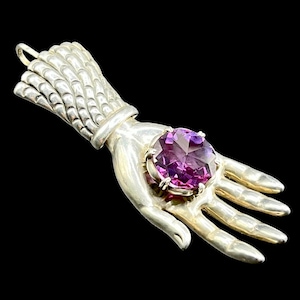 Rare Felipe Martinez Piedra y Plata 925 Sterling Silver Color Change Lab Created Sapphire Hand Brooch Pendant Mexico Taxco Signed Sculpture