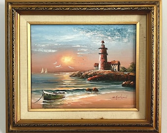 【絵画】ヴィンテージ 海景画 油彩画 灯台と砂丘の風景 サイン有り ヴィンテージ油絵 海辺の風景 灯台付き サイン入り 額入り L17xH13