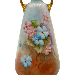 Fraser Artist Signed Hand Painted Flower Floral Design Porcelain Handled Vase Vintage Ceramic