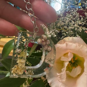 Op de afbeelding: Transparante hars sleutelhanger in de vorm van de letter 'D', gevuld met gedroogde bloemen en groen. De sleutelhanger heeft een zilveren ketting en ring. De achtergrond toont een boeket bloemen met een lichtroze roos.