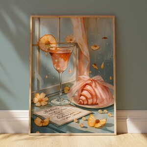 Romantic Brunch Wall Art Print, Bellini & Croissant Watercolor Scene, Love Note and Pearls by Window, Feminine Kitchen Decor