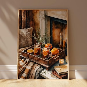 Cozy Fireplace Nook Art, Watercolor Digital Download, Warm Fall Wall Print, Boho Reading Corner Decor
