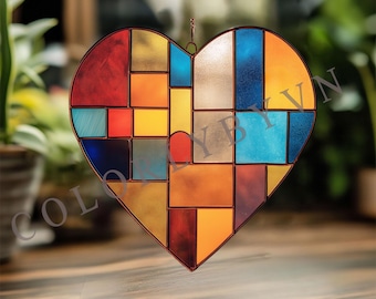 Motivo geometrico a forma di cuore in vetro colorato, modello moderno per acchiappasole a forma di cuore, design astratto in vetro per lavori fai da te, download digitale (L3.31GE)