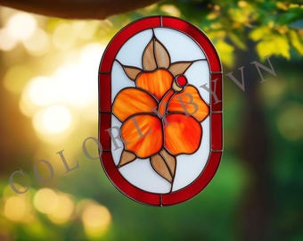 Hibiscus Stained Glass Pattern, Tropical Floral Suncatcher Template, Orange Flower Oval Window Art Design PDF, PNG (L119FL)