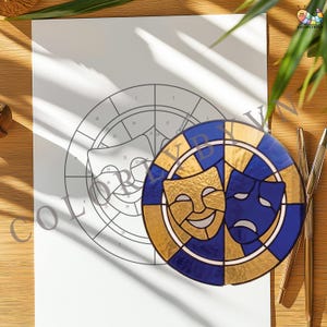 Theater Mask Stained Glass Pattern, Comedy Tragedy Suncatcher, Drama Masks Round Panel, Vintage Stage Art SVG PDF PNG (L165TH) image 2