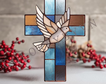 Dove Cross Stained Glass Pattern, Christian Suncatcher Template, Religious Glass Art, Baptism Gift (L21TO)