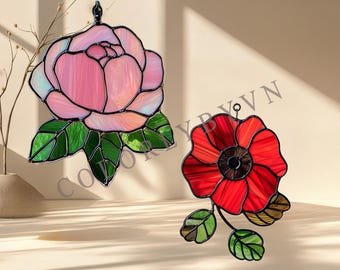 Stained Glass Peony & Poppy Suncatcher Pattern: Beginner-Friendly Teamplate (PDF SVG PNG Files)