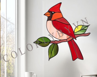 Modello di vetrata raffigurante un cardinale su un ramo, modello di acchiappasole con uccello rosso, download di PDF SVG PNG (LBI11)