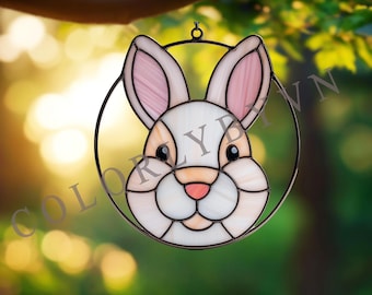 Bunny Stained Glass Pattern, Adorable Rabbit Round Suncatcher Template, Spring Window Hanging Design, PDF SVG PNG Download (L174AN)