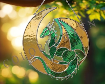 Green Dragon Crescent Moon Stained Glass Pattern, Fantasy Dragon Suncatcher Template, Printable PDF SVG (L13MO)
