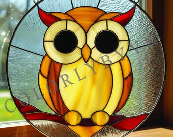 Owl Stained Glass Suncatcher Pattern, Round Owl Panel, Cute Forest Bird Window Hanging, Printable PDF SVG PNG