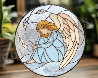 Angel Stained Glass Pattern, Religious Glass Art Template, Christian Window Decor PDF SVG PNG (L97FA)