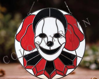 Creepy Clown Stained Glass Pattern, Horror Clown Suncatcher, Halloween Window Panel Template, Scary Circus Glass Art (L37HA)