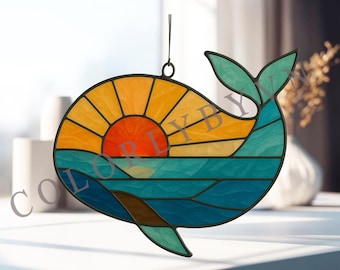 Motivo in vetro colorato con balena al tramonto, design acchiappasole oceanico per principianti, arte moderna in vetro costiero, download immediato (L95OC)