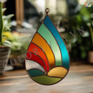 May include: A stained glass teardrop-shaped suncatcher with a rainbow design. The suncatcher features a copper-colored metal frame and a variety of colors, including green, blue, orange, and red. It has a small loop at the top for hanging.