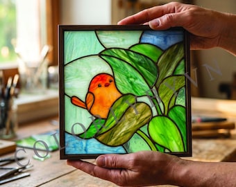 Cute Bird Stained Glass Pattern, Small Songbird Suncatcher Template, Nature Window Panel Template (L266BI)