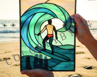 Surfer Stained Glass Pattern | Ocean Wave Suncatcher Template | Beach House Window Hanging| Coastal Sea Glass Art (PDF, SVG, PNG, L53FR)