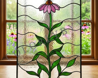 Motivo a vetrata con echinacea, pannello alto con fiori di echinacea, acchiappasole floreale verticale, decorazione fai da te per finestre (L222FL)