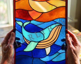 Whale Stained Glass Pattern, Ocean Suncatcher, Sea Animal Glass Art, Coastal Decor Panel, Nautical Decor (L291PAL)