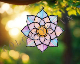 Flower Mandala Stained Glass Pattern, Lotus Suncatcher Template ( SVG PDF PNG Digital Download)