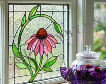 Motivo per vetrata artistica con echinacea, pannello quadrato con fiore di cono, sagoma botanica per arte su vetro (L221FL)