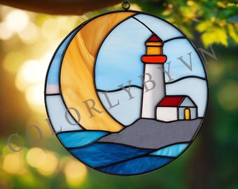 Lighthouse Moon Stained Glass Pattern, Round Coastal Suncatcher Template, Nautical Glass Art, Printable PDF SVG (L05MO)