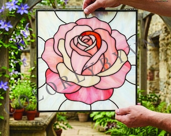 Stained Glass Rose Pattern, Pink Rose Window Panel, Floral Glass Art, Romantic & Botanical Glass Decor (L192FL)