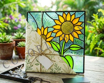 Sunflower Stained Glass Pattern, Floral Panel Template, Yellow Flower Decor (L212FL)