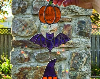 Halloween Stained Glass Pattern, Bat Witch Hat Pumpkin Suncatcher, Spooky Window Decor, Instant download (PDF, SVG, PNG L27HA)