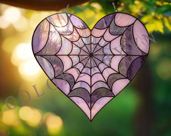 Spider Web Heart Stained Glass Pattern, Gothic Heart Suncatcher Template, Halloween Glass Art, Cobweb Window Hanging DIY (No.04-330HA)